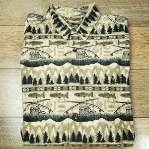 Woolrich Mens Long Sleeve Fishing Print Button Up Shirt Sz Large Heavyweight